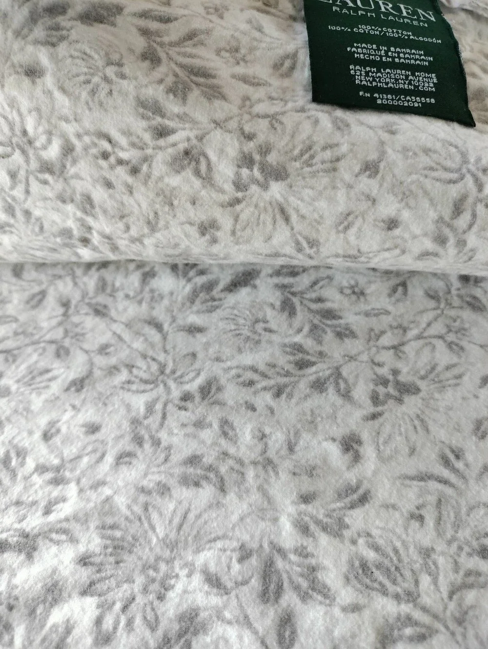Lauren Ralph Lauren Floral Print Light Gray White Cotton King Flat Sheet